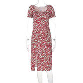 Floral Back Zipper Split Square Collar Mid Length Dress